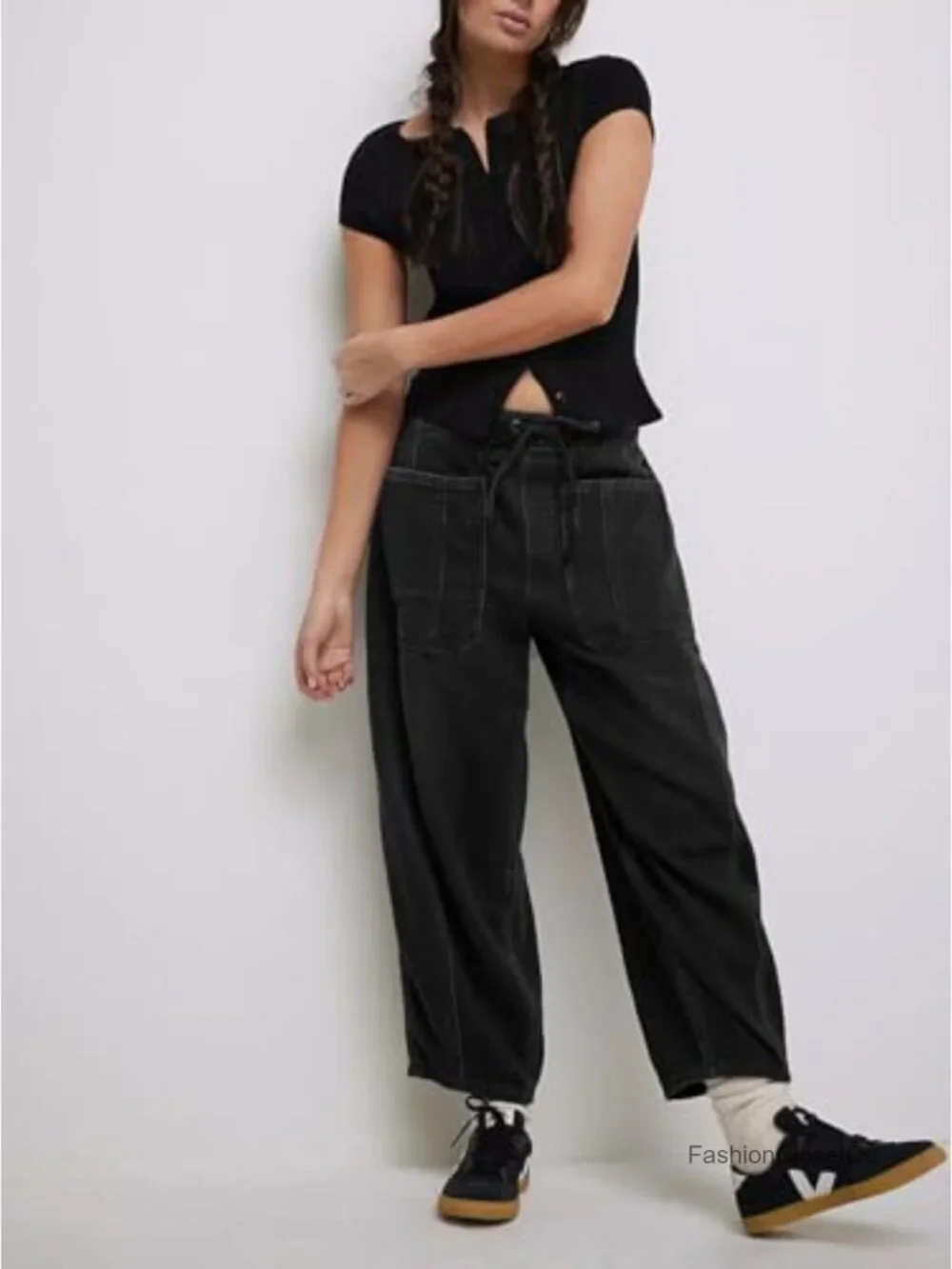 Womens Barrel Jeans Elastic Drawstring Loose Wide Leg Cropped Denim Pants Y2k - Picture 5 of 6